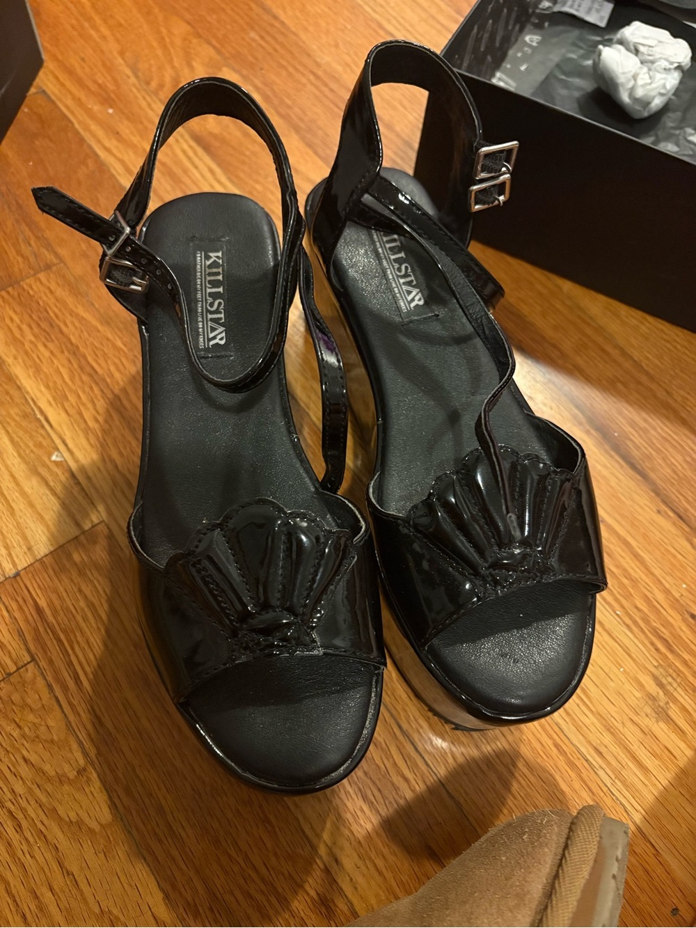 Killstar Black Patent Shell-Detail Slingback Sandals